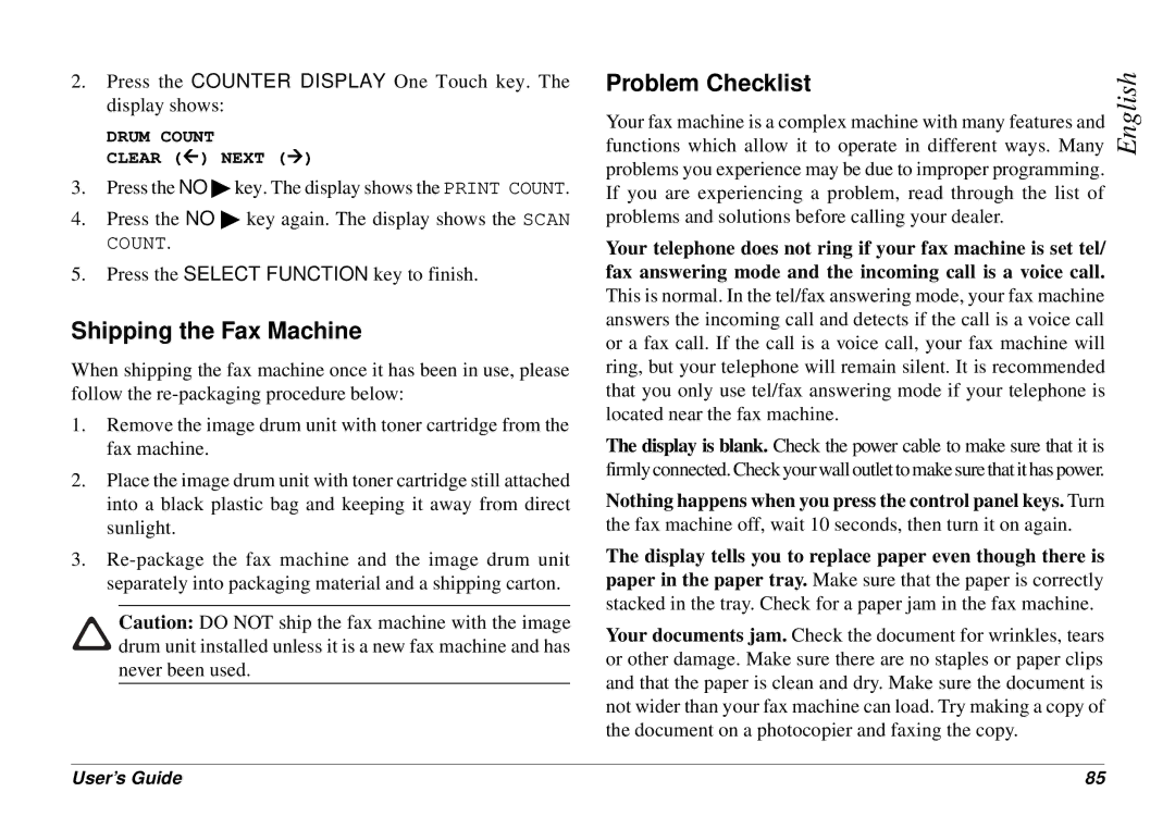 Oki 4500 manual Shipping the Fax Machine, Problem Checklist 