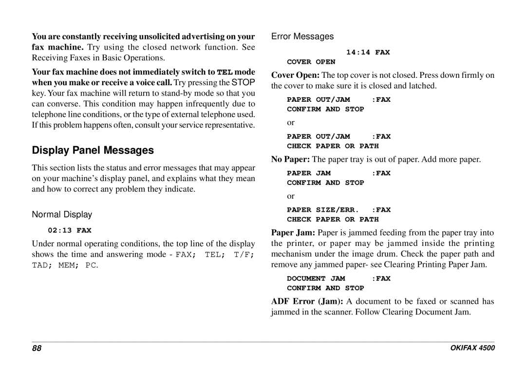 Oki 4500 manual Display Panel Messages, Normal Display, Error Messages 
