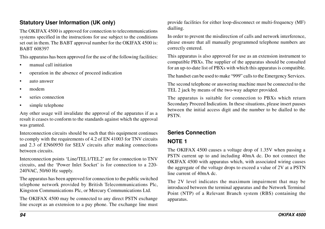 Oki 4500 manual Statutory User Information UK only 