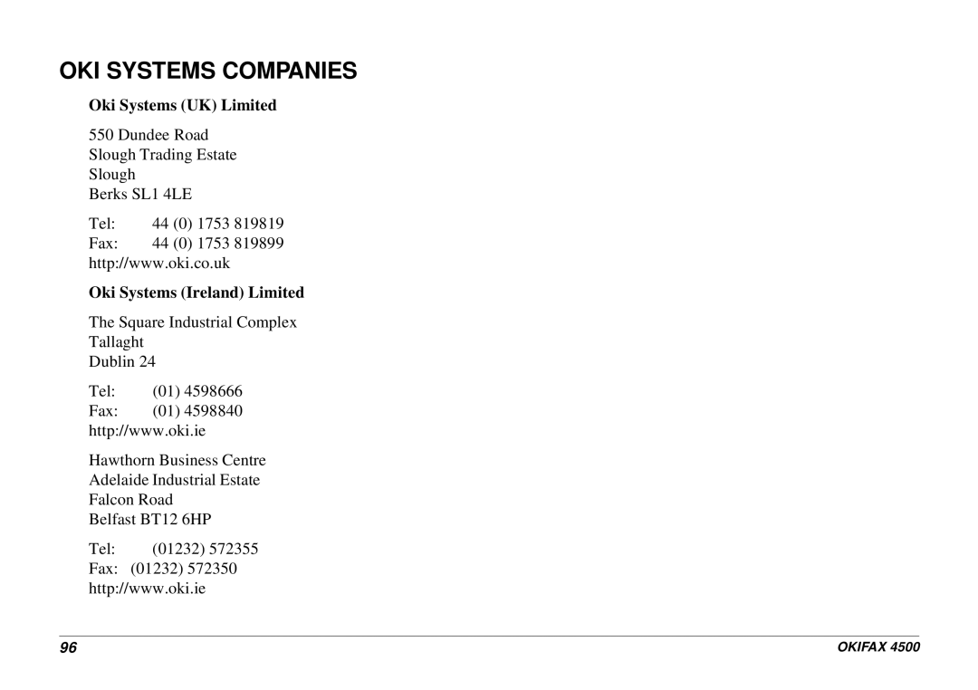 Oki 4500 manual OKI Systems Companies, Oki Systems Ireland Limited 