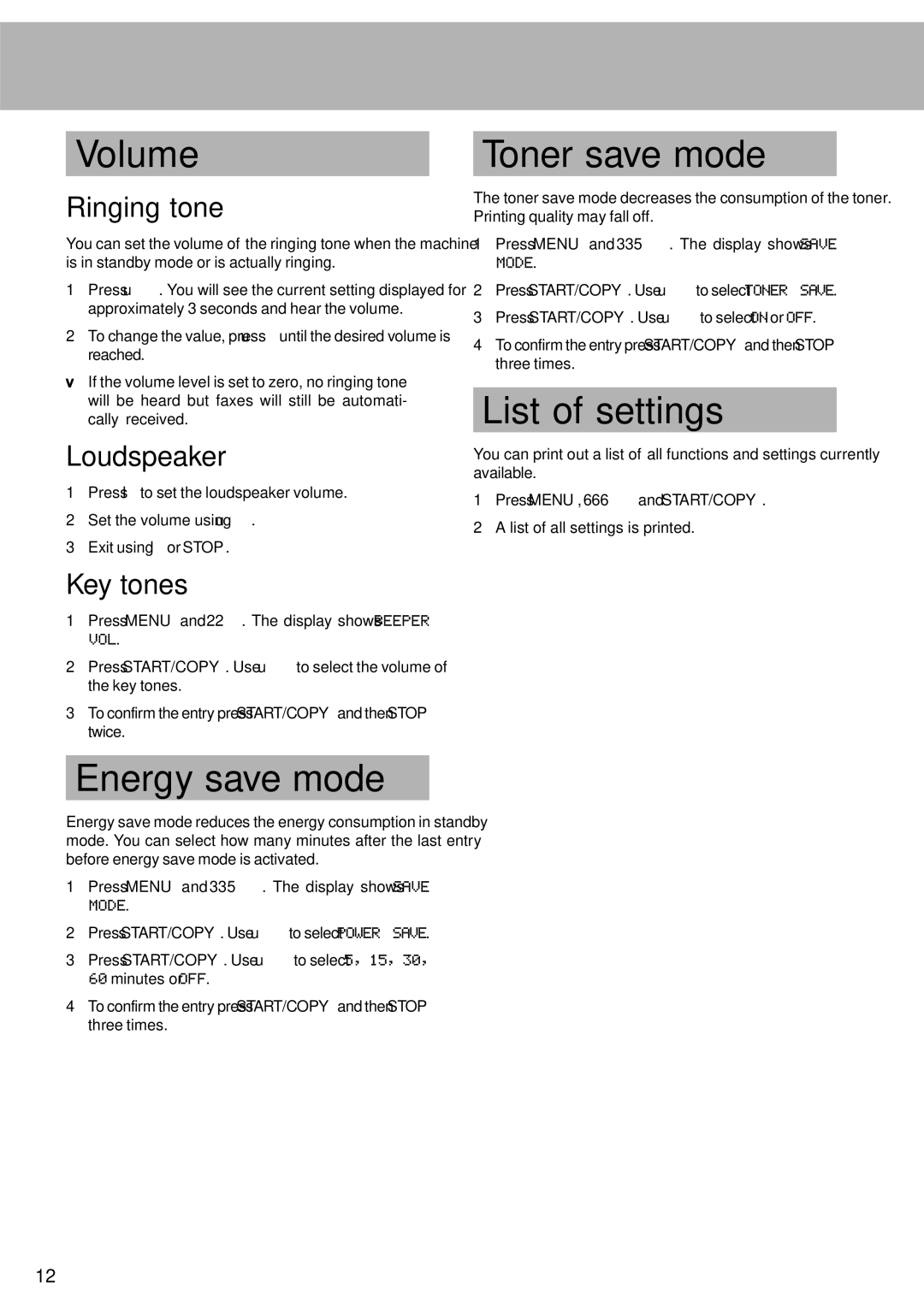 Oki 4510 manual Volume, Energy save mode, Toner save mode, List of settings 