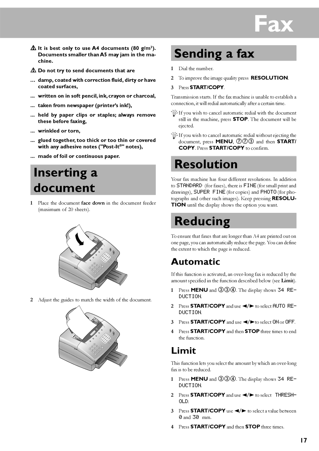 Oki 4510 manual Fax, Inserting a Document, Sending a fax, Resolution, Reducing 