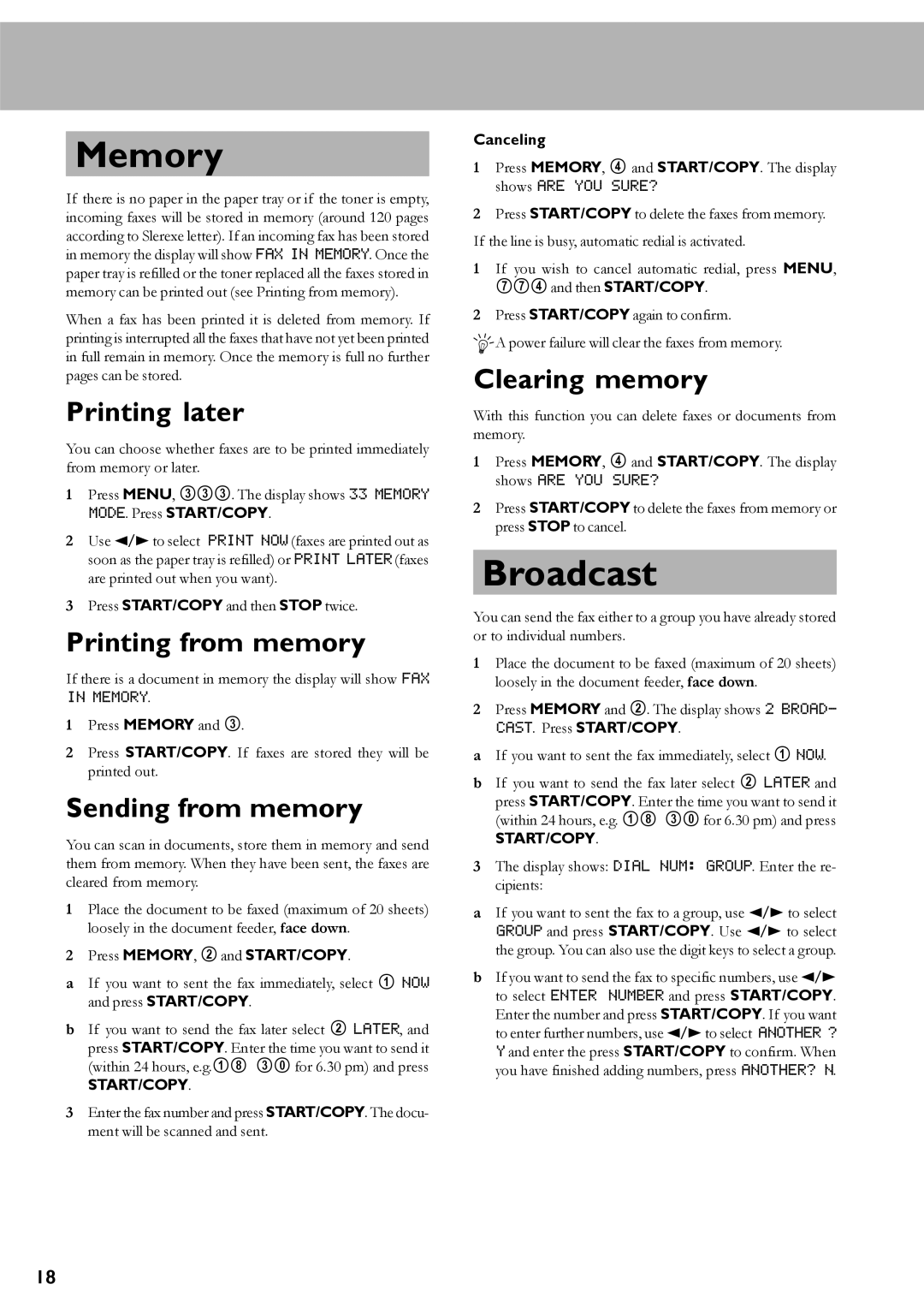 Oki 4510 manual Memory, Broadcast 