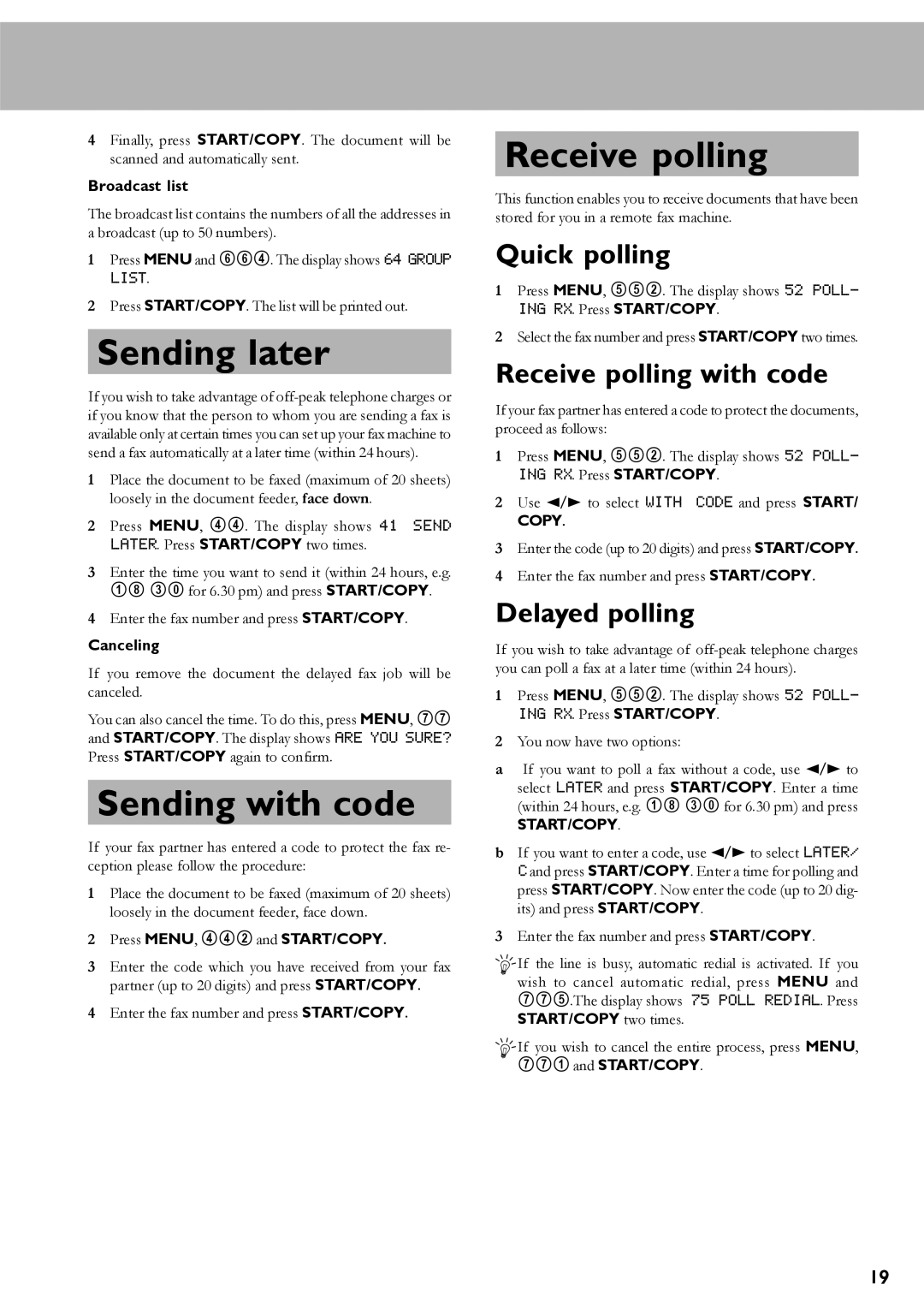 Oki 4510 manual Sending later, Sending with code, Receive polling 