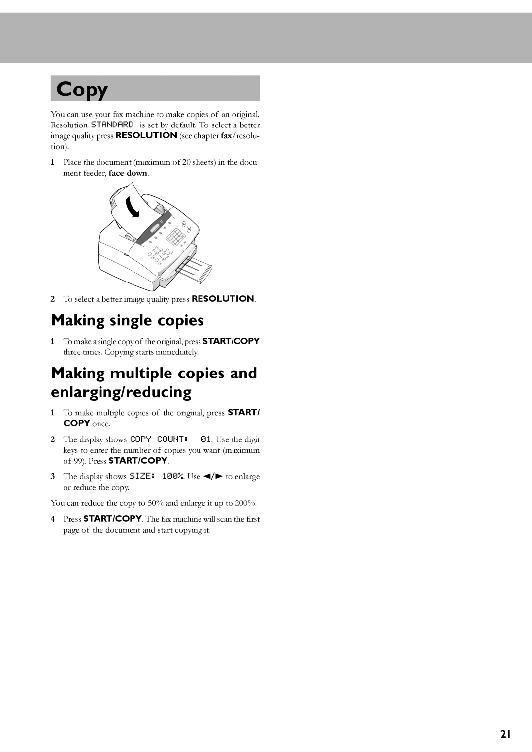 Oki 4510 manual Copy, Making single copies, Making multiple copies and enlarging/reducing 