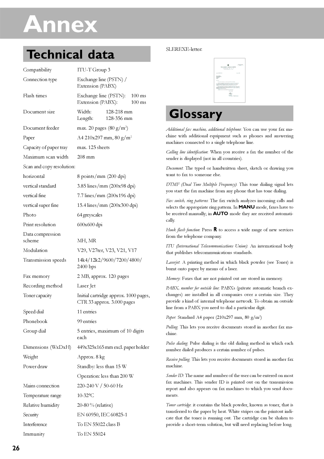 Oki 4510 manual Annex, Technical data, Glossary 