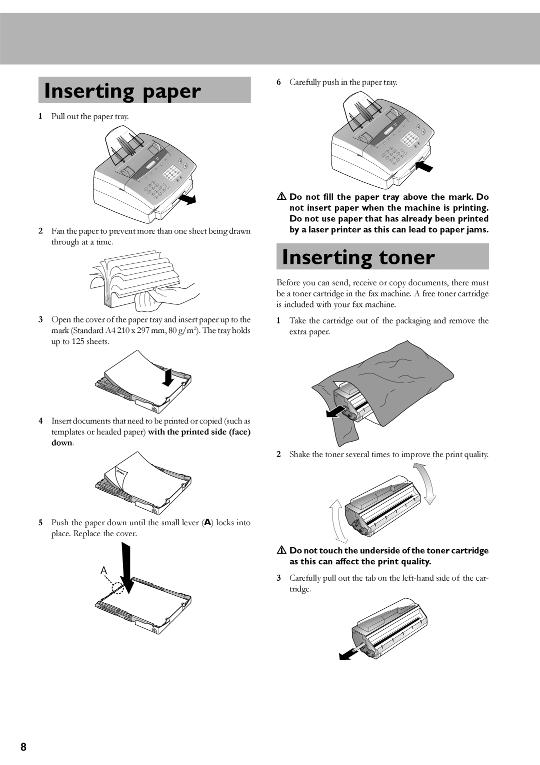 Oki 4510 manual Inserting paper, Inserting toner 