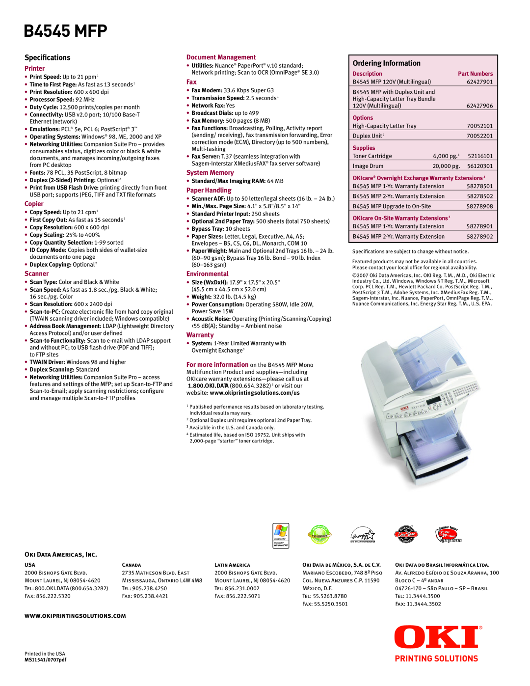 Oki manual B4545 MFP, Specifications, Ordering Information, Printer, Copier, Scanner, Document Management, System Memory 