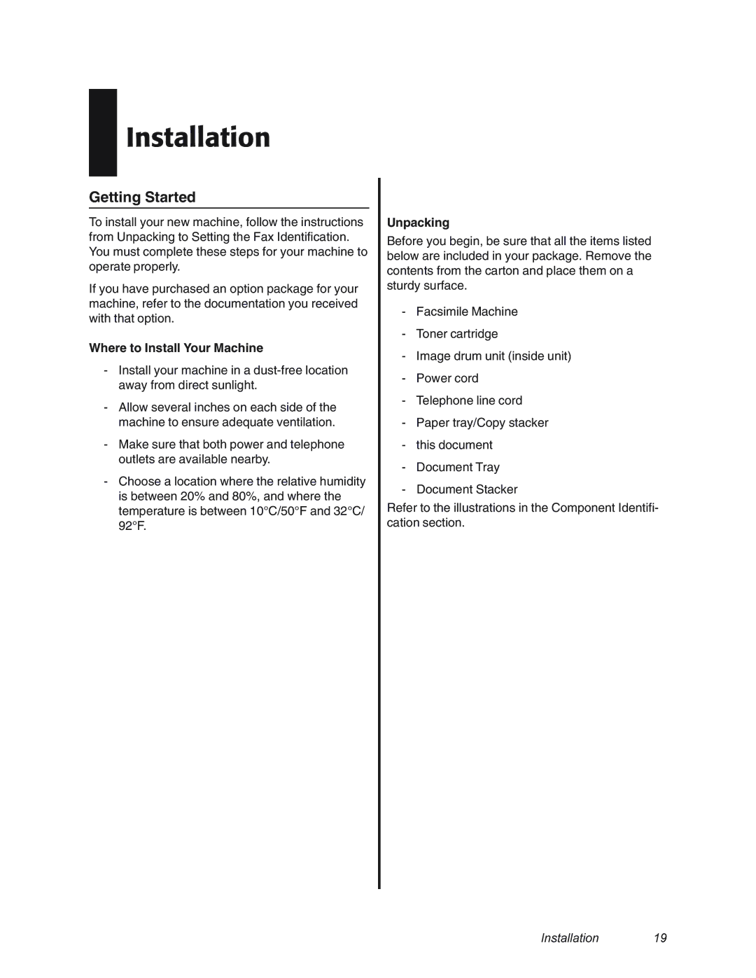 Oki 4580 manual Installation, Getting Started, Where to Install Your Machine, Unpacking 