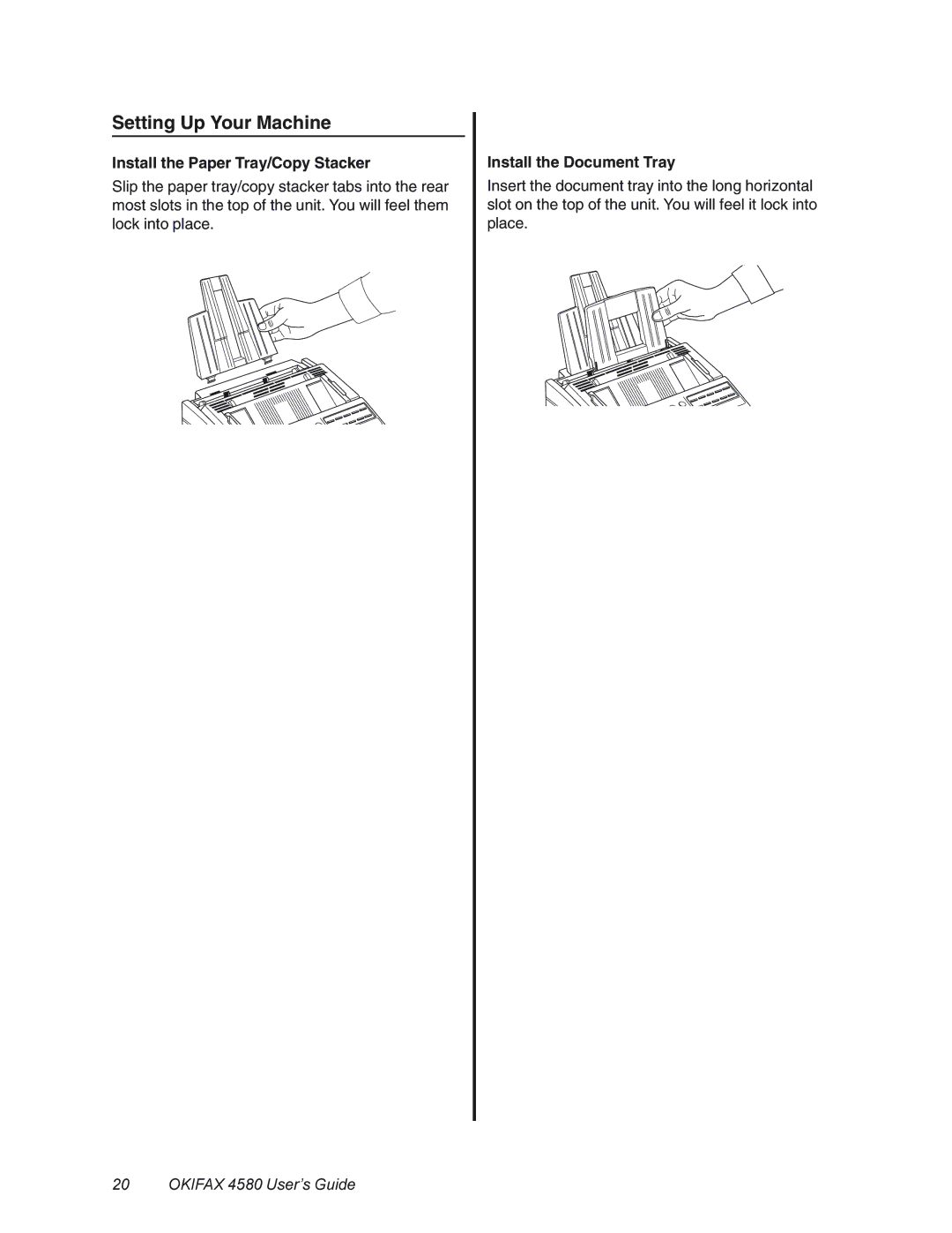 Oki 4580 manual Setting Up Your Machine, Install the Paper Tray/Copy Stacker, Install the Document Tray 