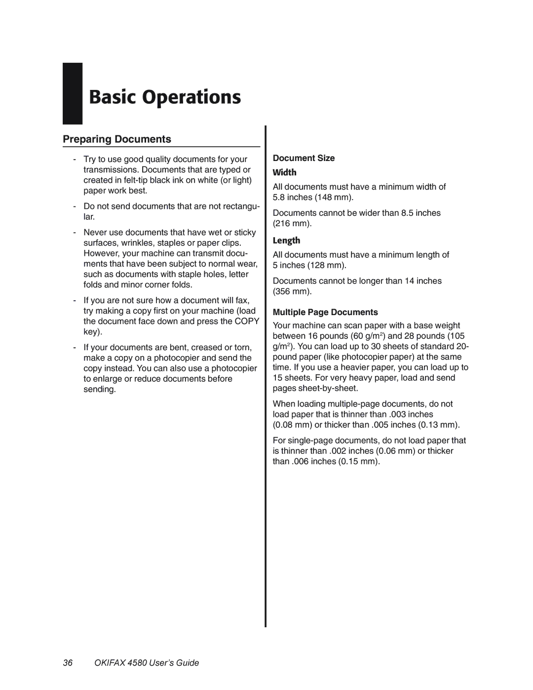 Oki 4580 manual Basic Operations, Preparing Documents, Document Size, Multiple Page Documents 