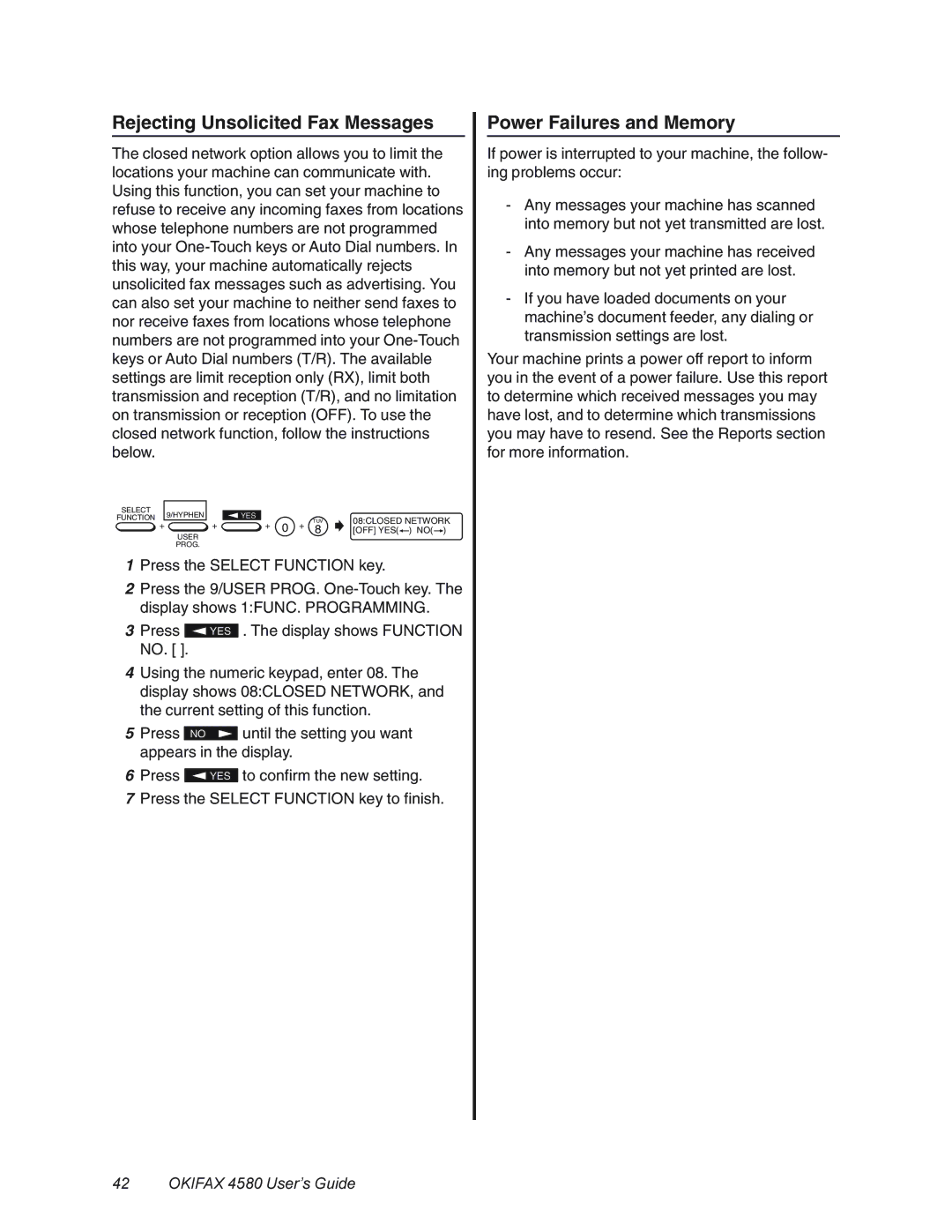 Oki 4580 manual Rejecting Unsolicited Fax Messages, Power Failures and Memory 