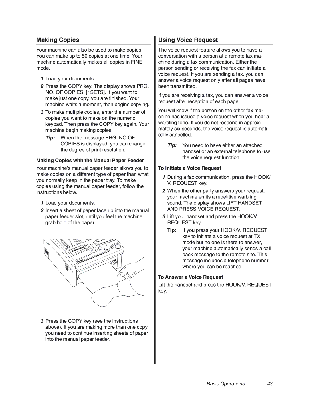 Oki 4580 manual Using Voice Request, Making Copies with the Manual Paper Feeder, To Initiate a Voice Request 