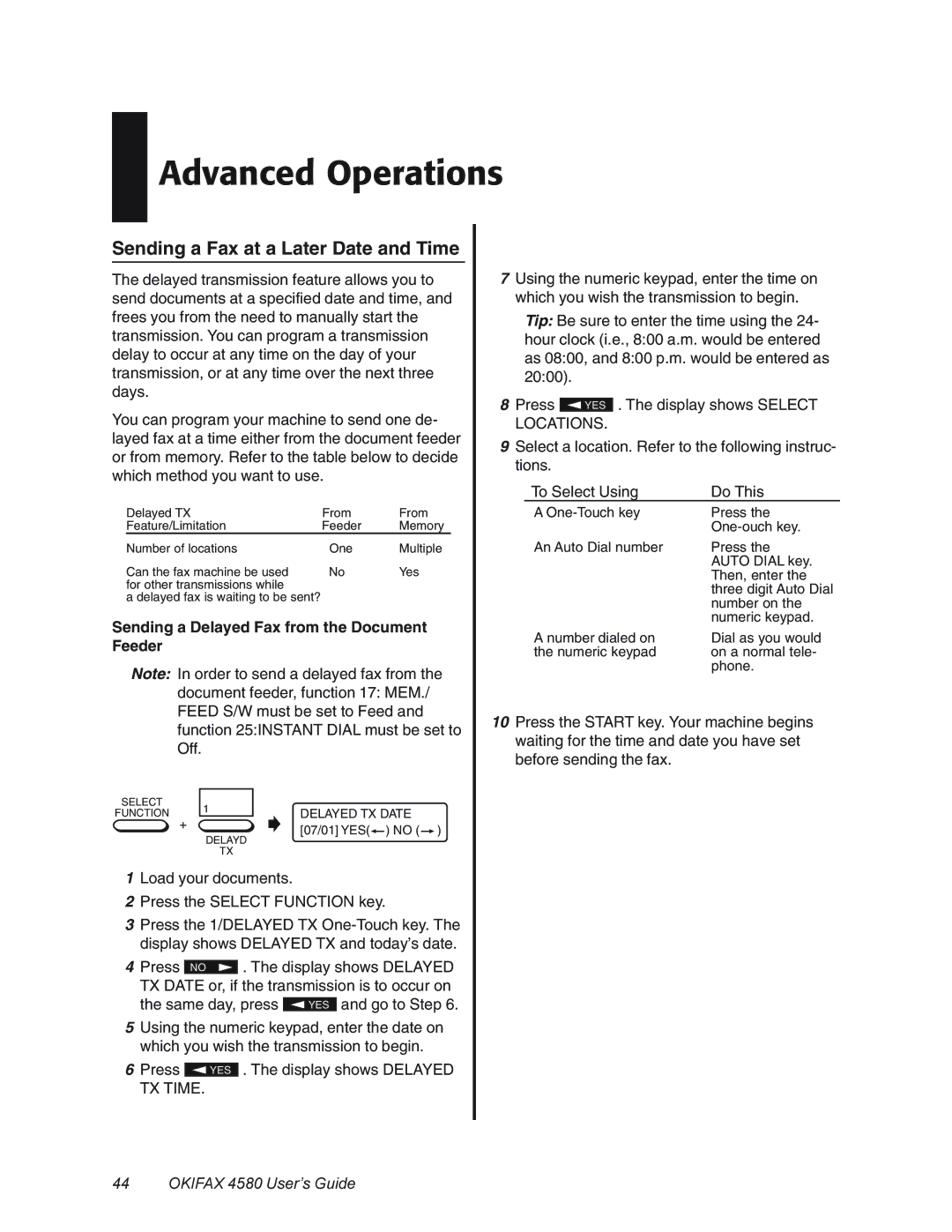 Oki 4580 manual Advanced Operations, Sending a Fax at a Later Date and Time, Sending a Delayed Fax from the Document Feeder 