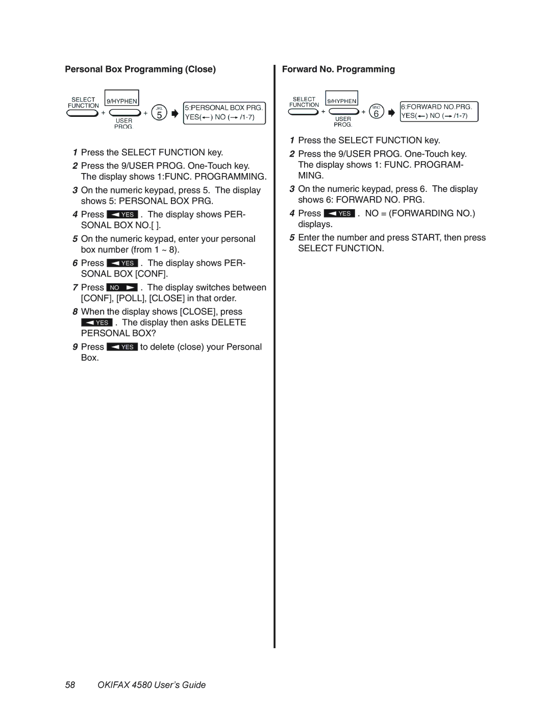 Oki 4580 manual Personal Box Programming Close, Forward No. Programming, Select Function 