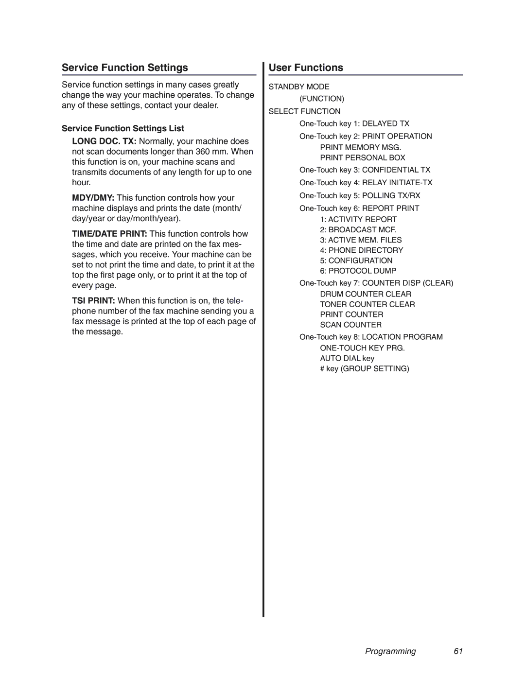 Oki 4580 manual User Functions, Service Function Settings List 