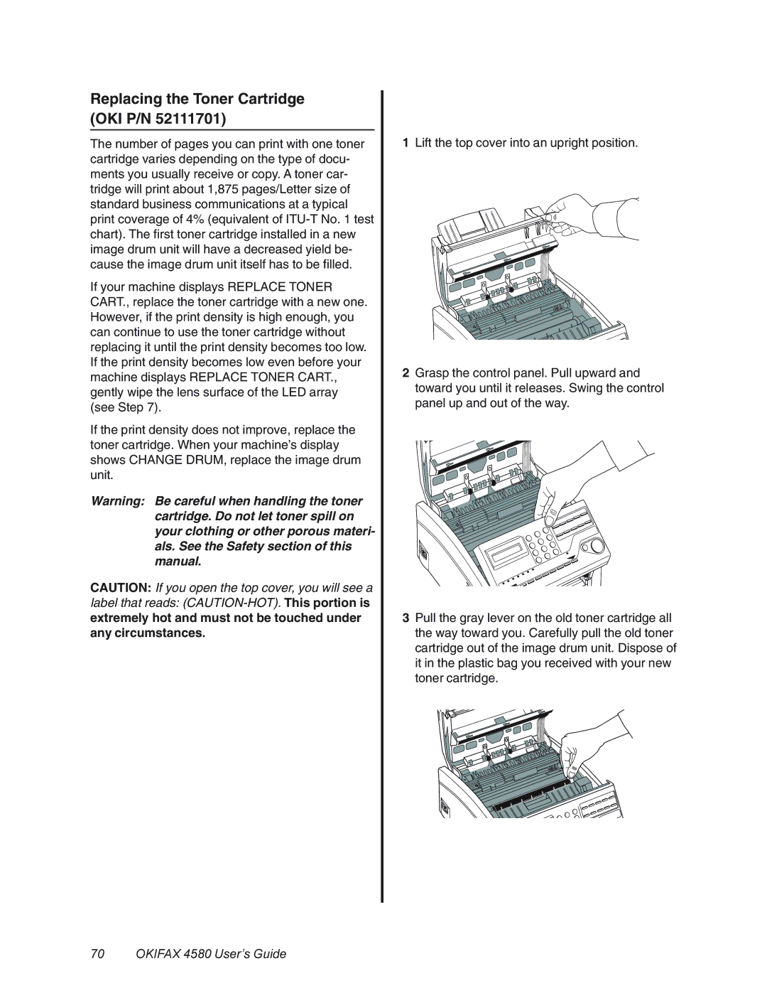 Oki 4580 manual Replacing the Toner Cartridge OKI P/N 