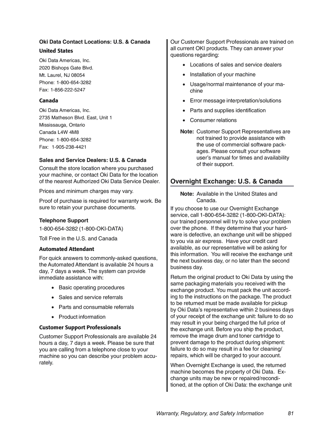 Oki 4580 manual Overnight Exchange U.S. & Canada, Oki Data Contact Locations U.S. & Canada, Telephone Support 