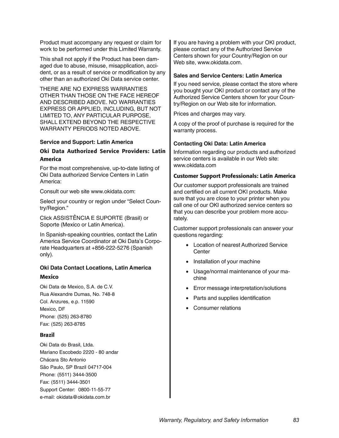Oki 4580 Service and Support Latin America, Oki Data Contact Locations, Latin America, Contacting Oki Data Latin America 