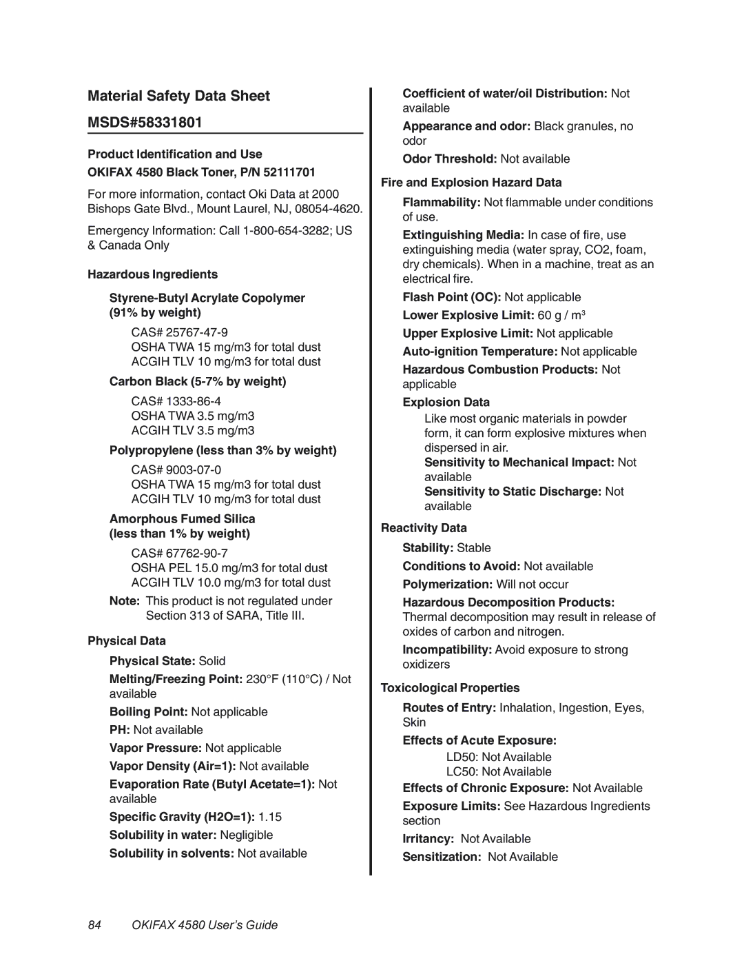 Oki 4580 manual Material Safety Data Sheet MSDS#58331801 