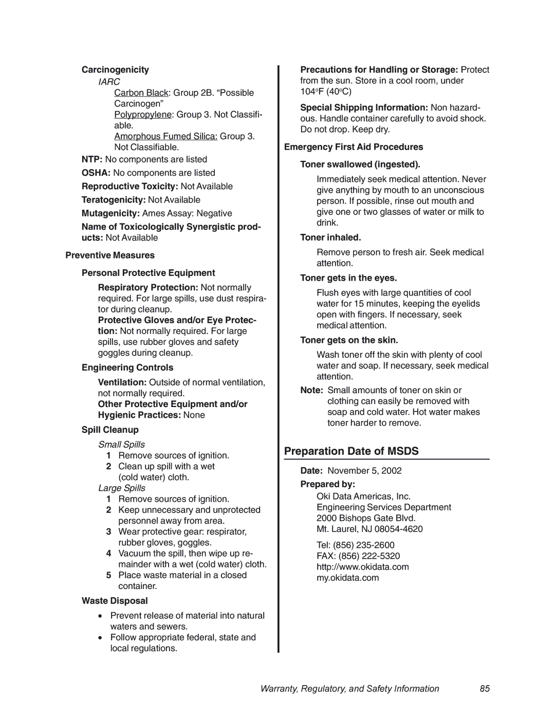 Oki 4580 manual Preparation Date of Msds 