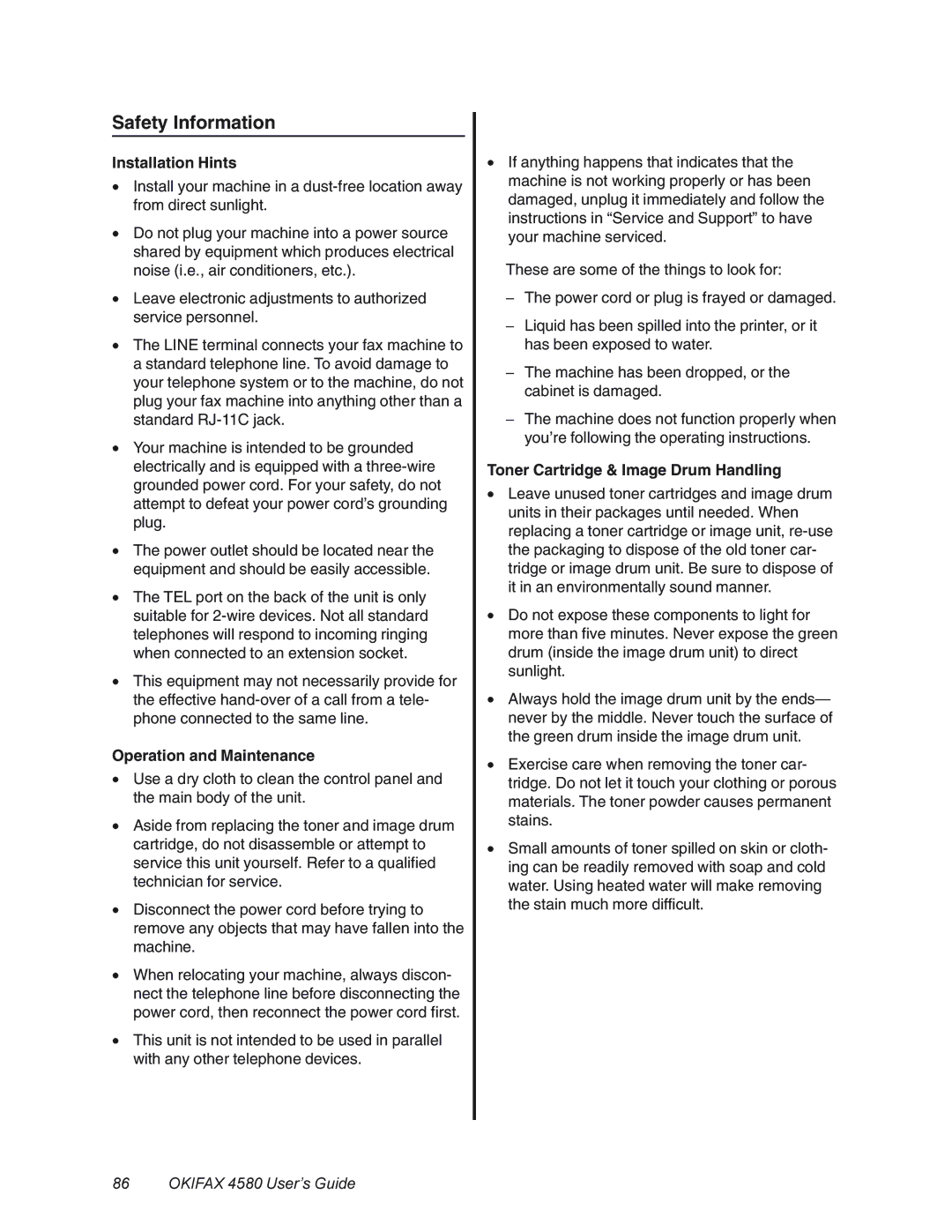 Oki 4580 manual Safety Information, Installation Hints, Operation and Maintenance, Toner Cartridge & Image Drum Handling 