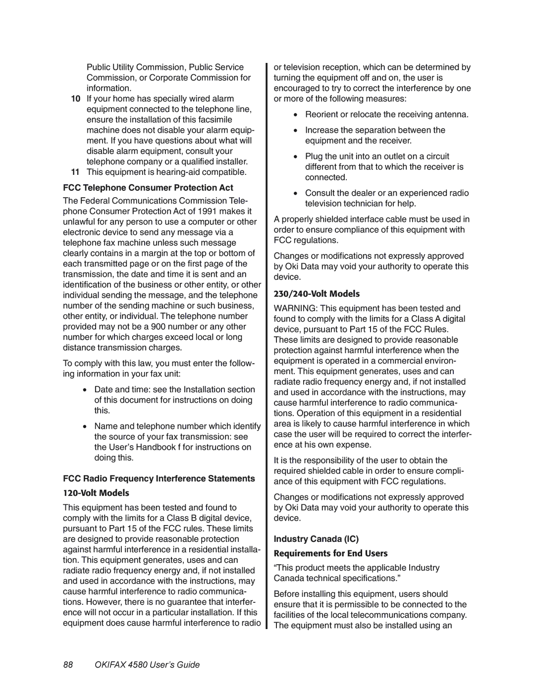 Oki 4580 manual FCC Telephone Consumer Protection Act, FCC Radio Frequency Interference Statements, Industry Canada IC 