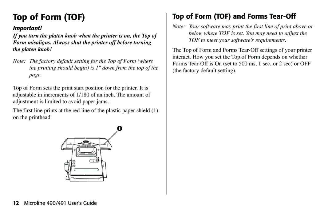 Oki 490 manual Top of Form TOF and Forms Tear-Off 