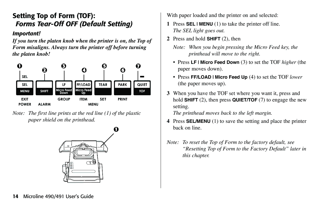 Oki 490 manual Setting Top of Form TOF, Forms Tear-Off OFF Default Setting 