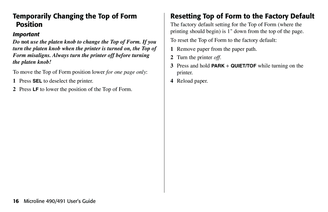 Oki 490 manual Temporarily Changing the Top of Form Position, Resetting Top of Form to the Factory Default 