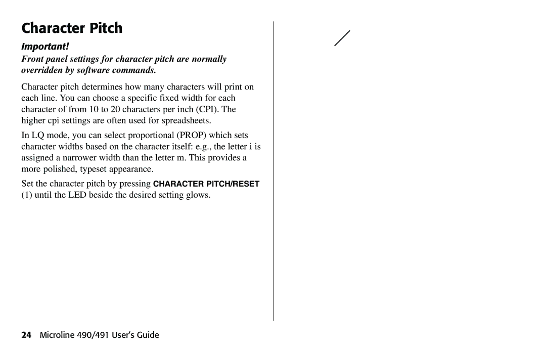 Oki 490 manual Character Pitch 