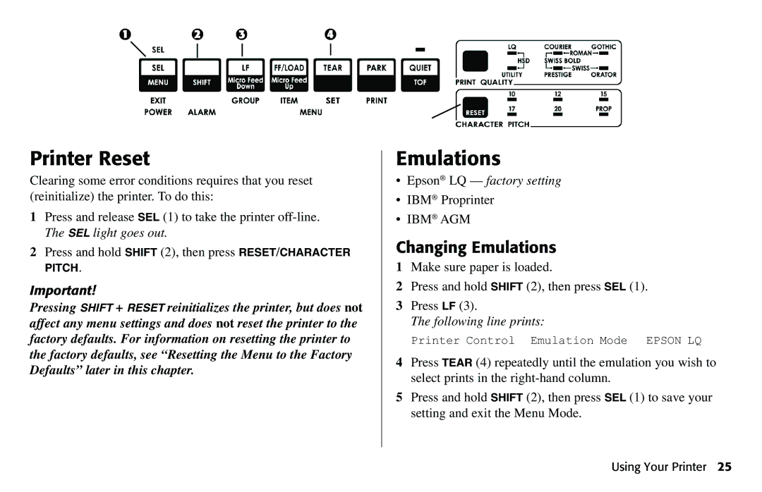 Oki 490 manual Printer Reset, Changing Emulations 