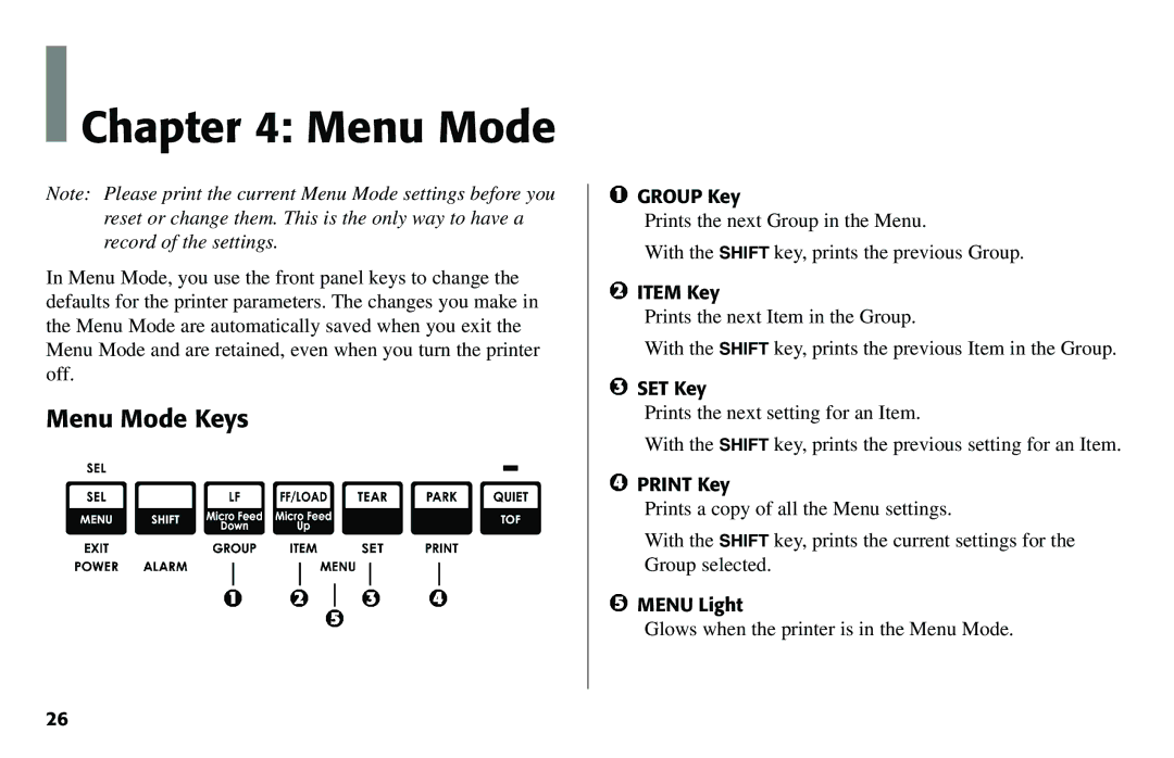 Oki 490 manual Menu Mode Keys 