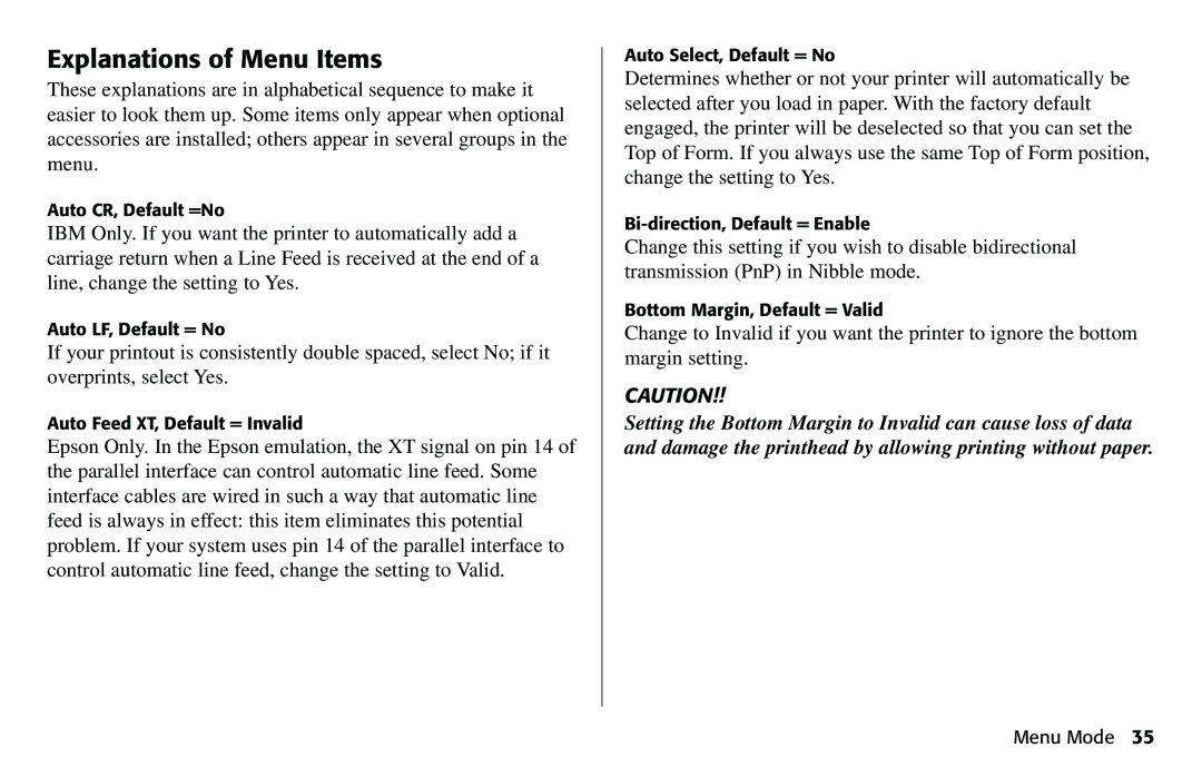 Oki 490 manual Explanations of Menu Items 