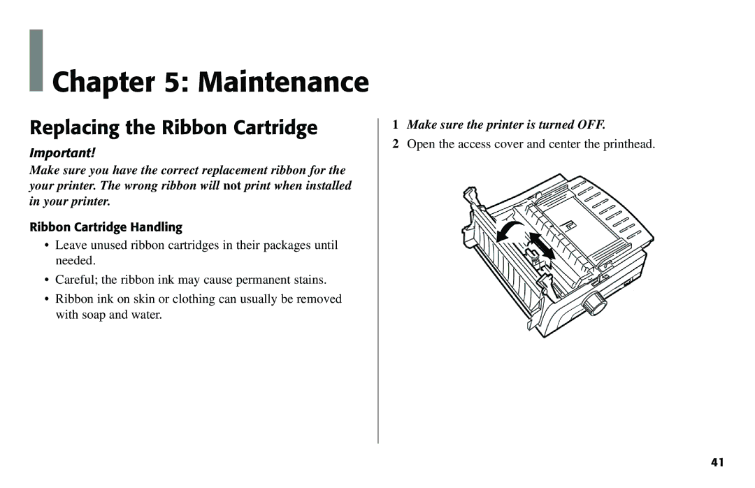 Oki 490 manual Maintenance, Replacing the Ribbon Cartridge 