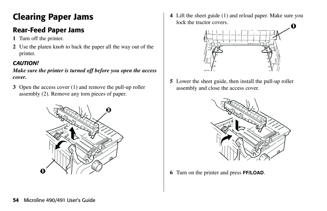 Oki 490 manual Clearing Paper Jams, Rear-Feed Paper Jams 