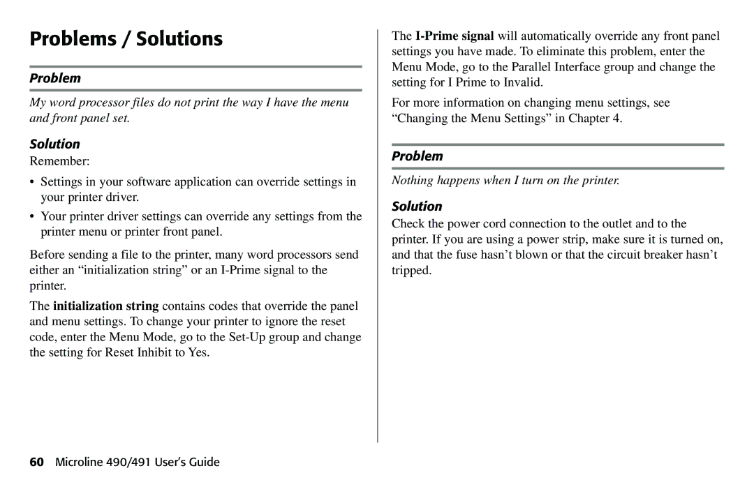 Oki 490 manual Problems / Solutions 