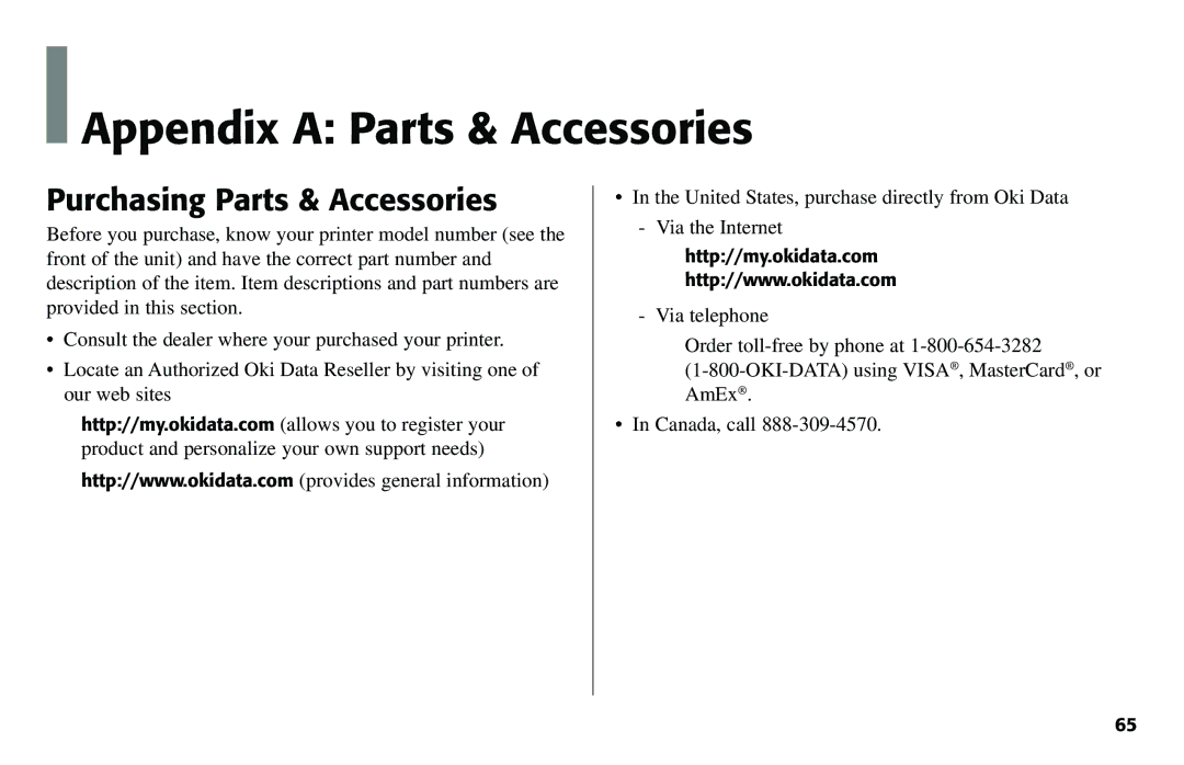 Oki 490 manual Appendix a Parts & Accessories, Purchasing Parts & Accessories 