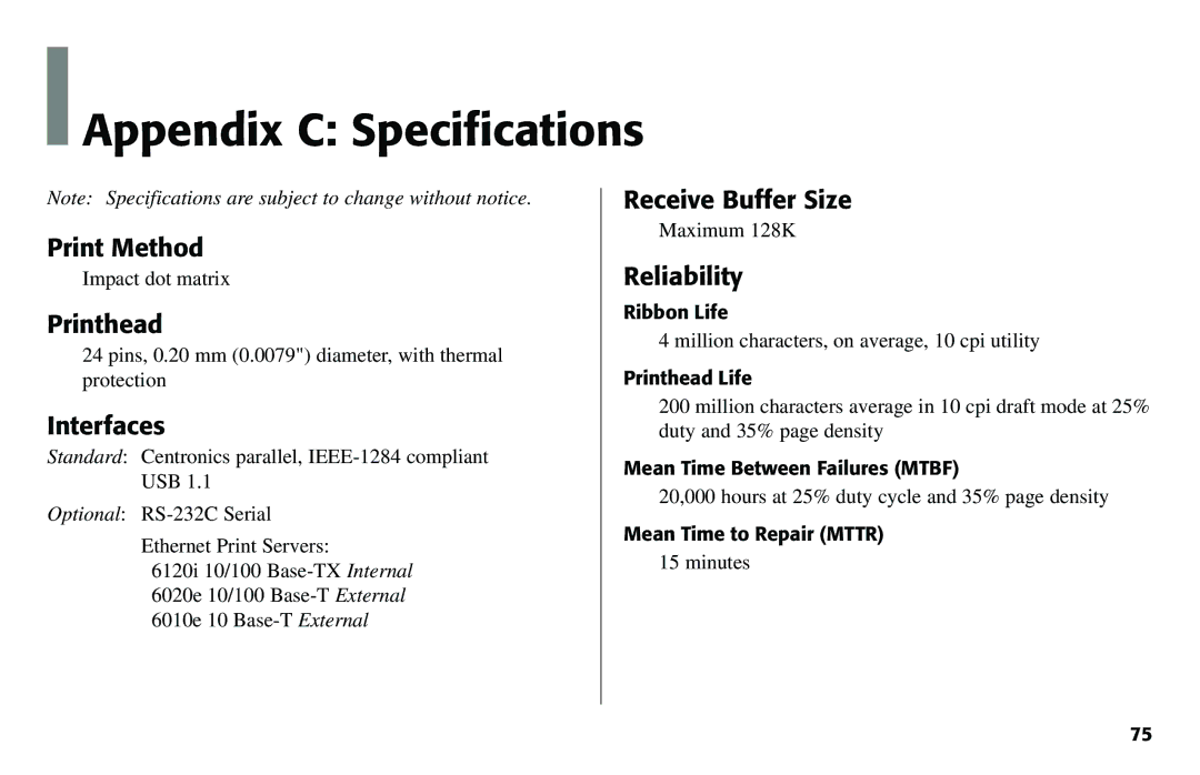 Oki 490 manual Appendix C Specifications 