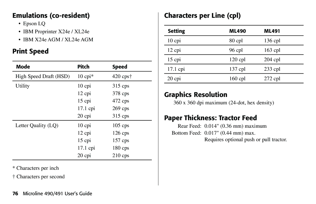 Oki 490 Emulations co-resident, Print Speed, Characters per Line cpl, Graphics Resolution, Paper Thickness Tractor Feed 