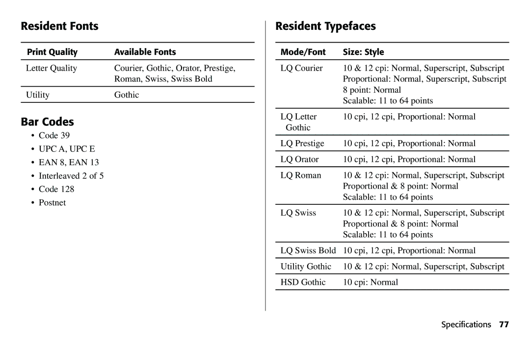 Oki 490 manual Resident Fonts, Bar Codes, Resident Typefaces 