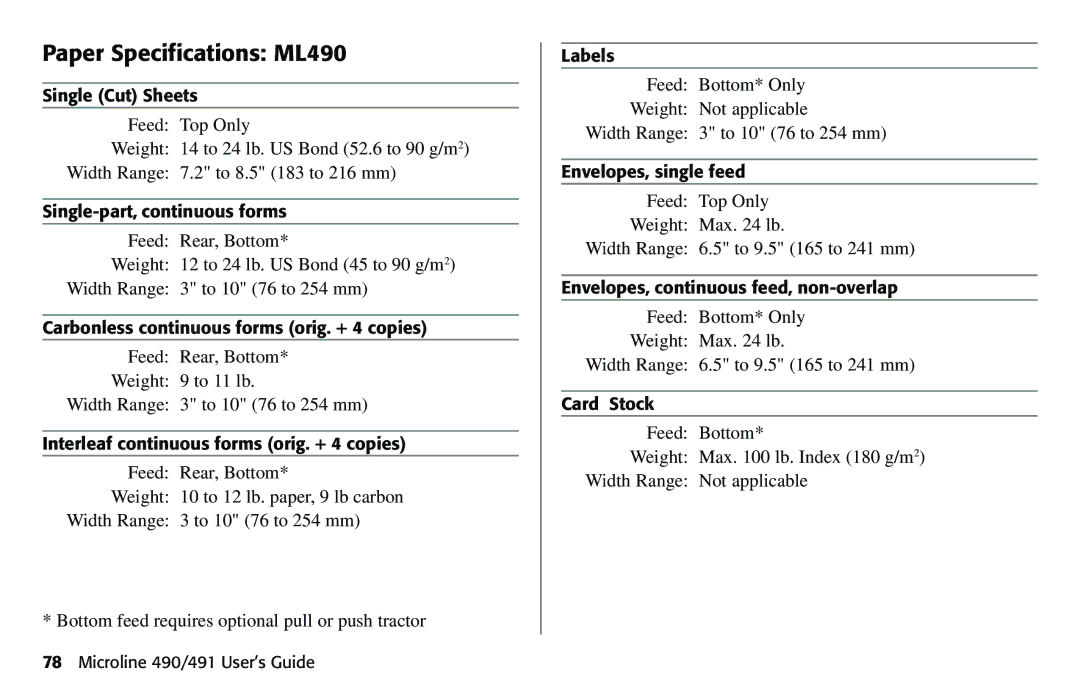 Oki manual Paper Specifications ML490 