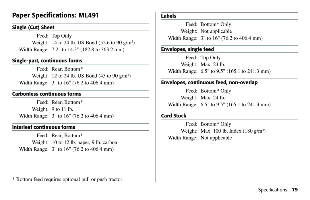 Oki 490 manual Paper Specifications ML491 