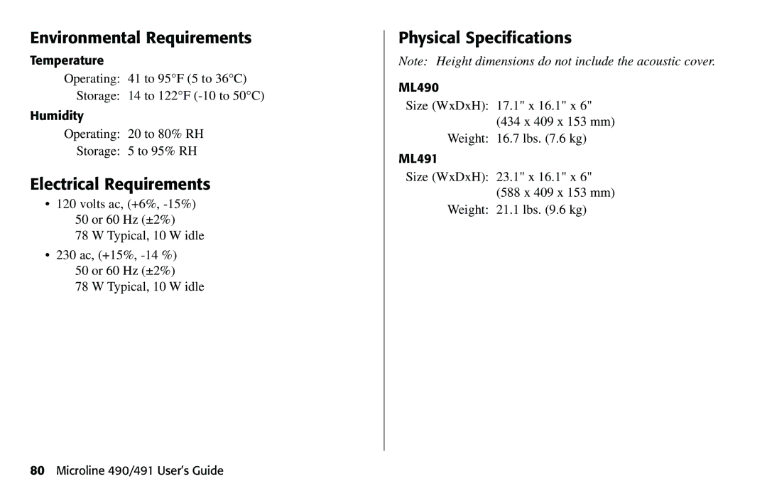 Oki 490 manual Environmental Requirements, Electrical Requirements, Physical Specifications 