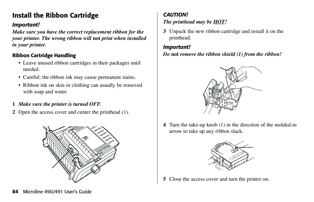 Oki 490 manual Install the Ribbon Cartridge 