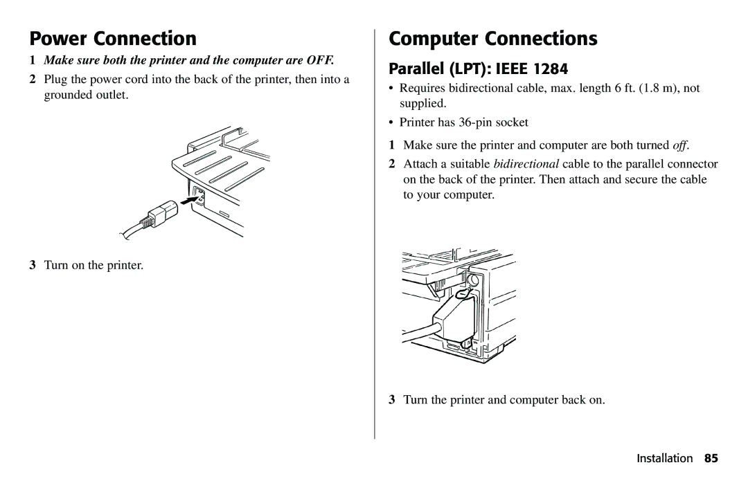 Oki 490 manual Power Connection, Computer Connections, Parallel LPT Ieee 