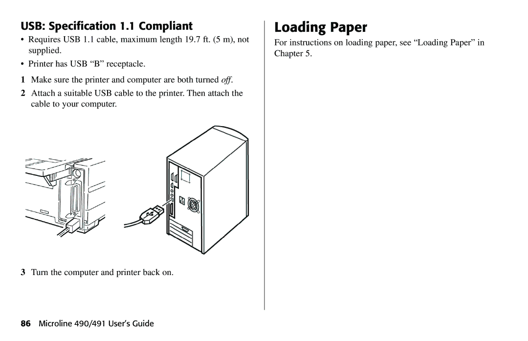 Oki 490 manual Loading Paper, USB Specification 1.1 Compliant 