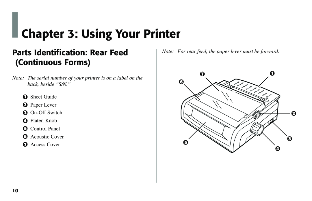 Oki 490 manual Using Your Printer, Parts Identification Rear Feed Continuous Forms 