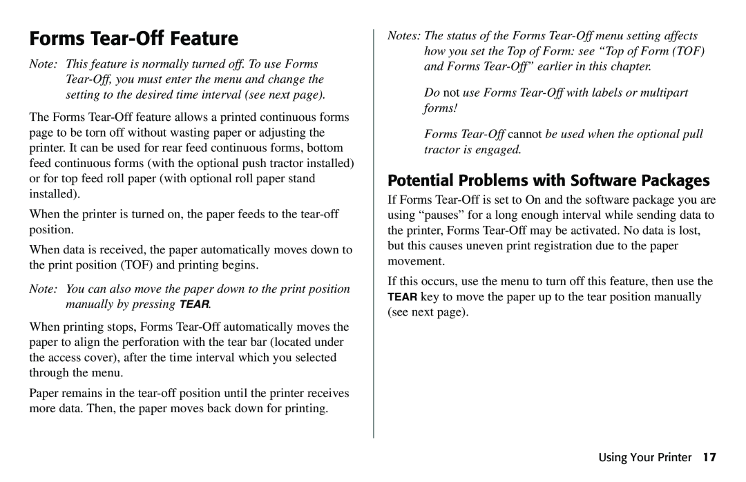 Oki 490 manual Forms Tear-Off Feature, Potential Problems with Software Packages 