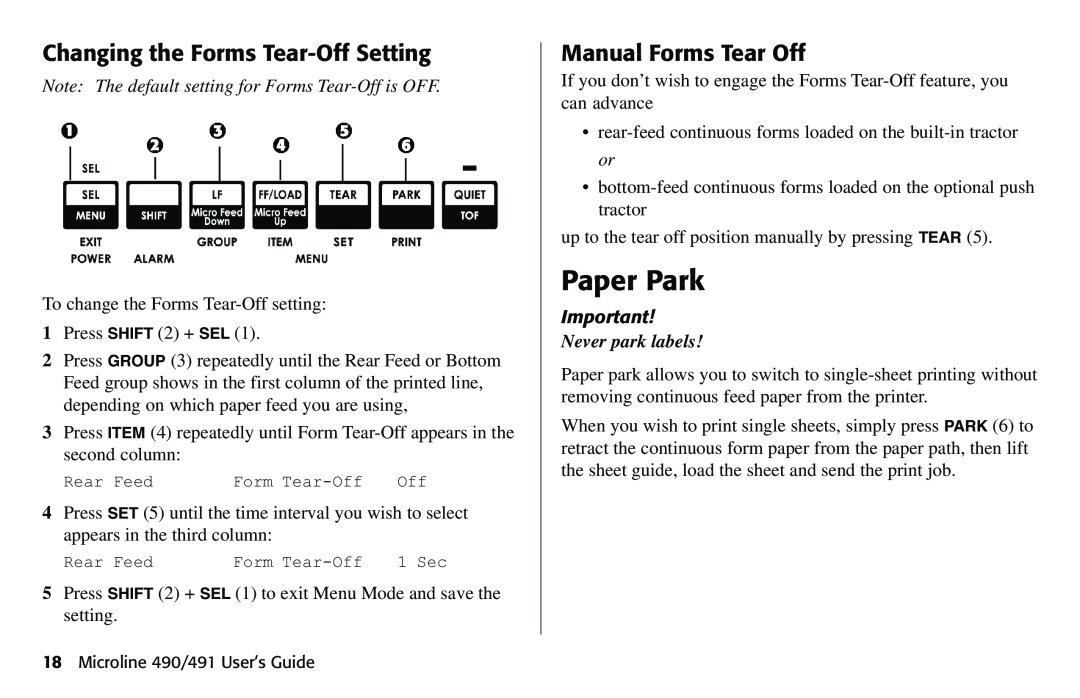 Oki 490 manual Paper Park, Changing the Forms Tear-Off Setting, Manual Forms Tear Off, Never park labels 